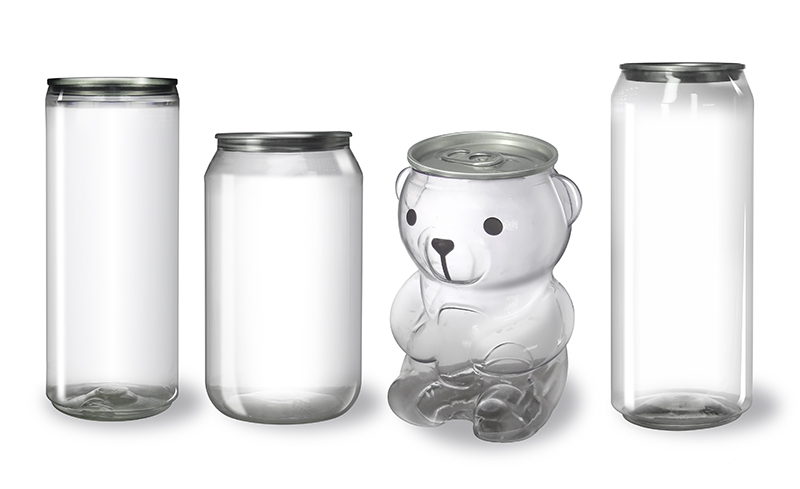 Clear PET cans in different formats for beverages and promotional presentations